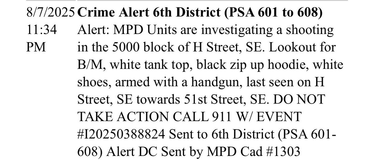 DC SHOOTING: 5000 block of H Street SE in Benning Ridge DC— victim shot & injured; (info limited) shooter fled on foot towards 51st Street SE