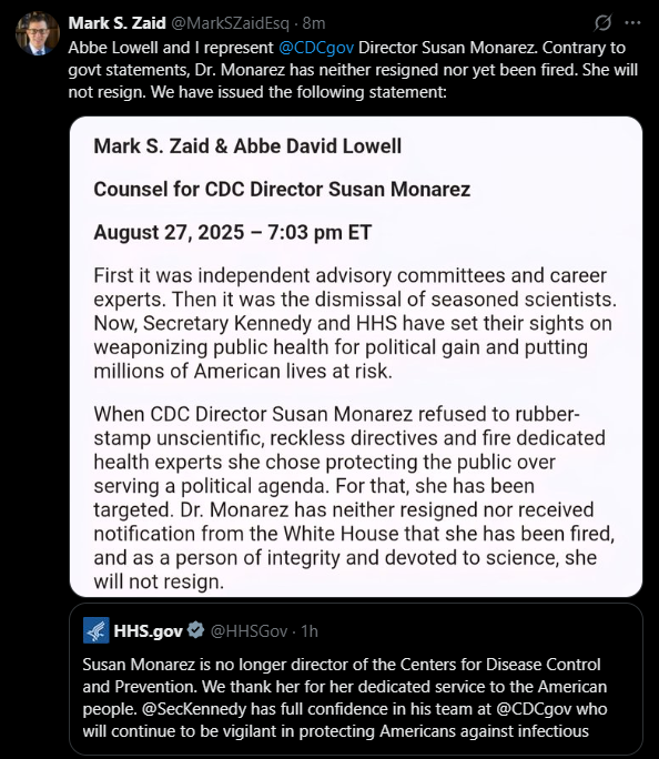 The Washington Post reports that the White House has now formally fired CDC Director Monarez