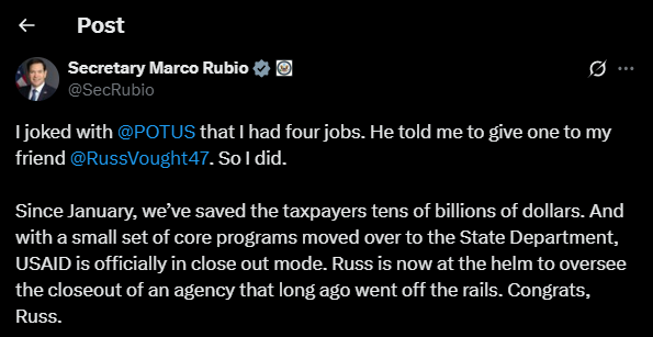 Marco Rubio: USAID is officially in close out mode