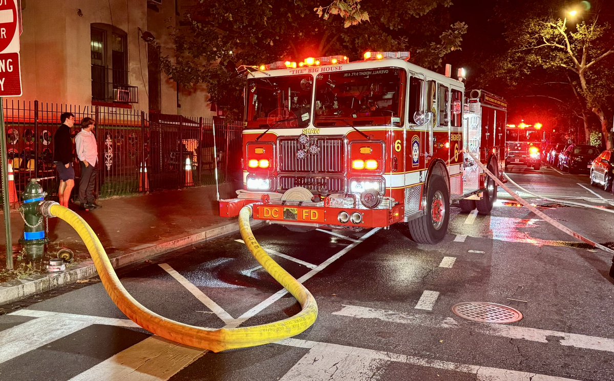 Box Alarm 8th & Q St NW. Fire roof deck 3 story corner building. Fire extinguished with no downward extension and under control. No injuries reported. Fire investigators & additional truck requested. DC firefighters