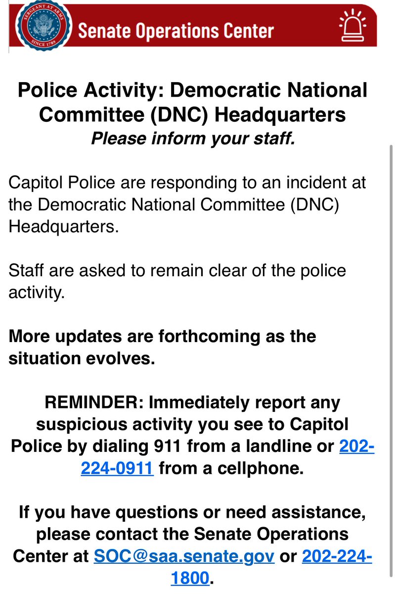 Senate staffers just received this email, obtained by @NewsNation Capitol Police are responding to an incident at DNC HQ