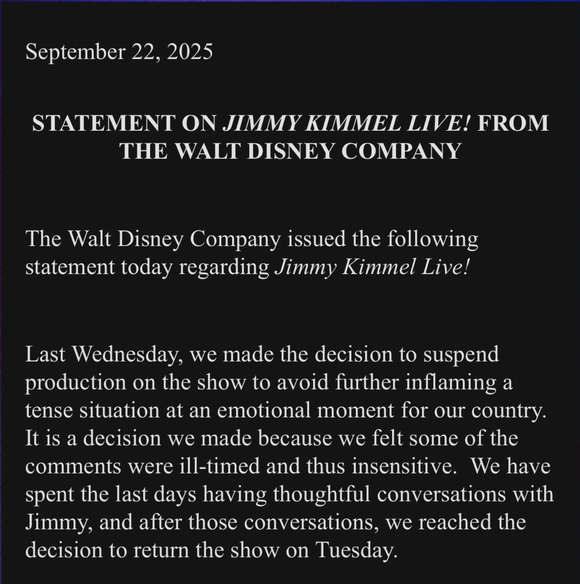ABC says 'Jimmy Kimmel Live.' will resume Tuesday