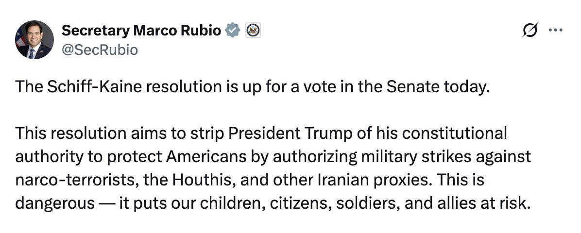 Rubio speaks out on the Democrats' attempt to avoid Trump's fight against drug trafficking: This resolution seeks to strip the president of his constitutional authority to protect Americans by authorizing strikes against narco-militants, Houthis, or Iranian proxies.