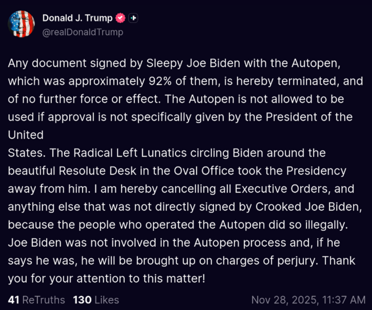 Trump says that he is terminating approximately 92% of all documents and executive orders signed by Biden and threatens to charge him with perjury