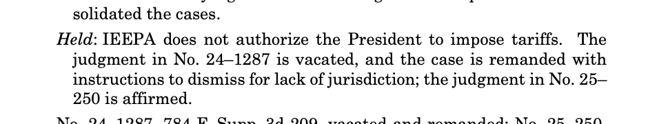 U.S. Supreme Court has struck down President Trump's tariff authority, saying his claim of emergency authority to issue sweeping tariffs to America's trading partners was unlawful