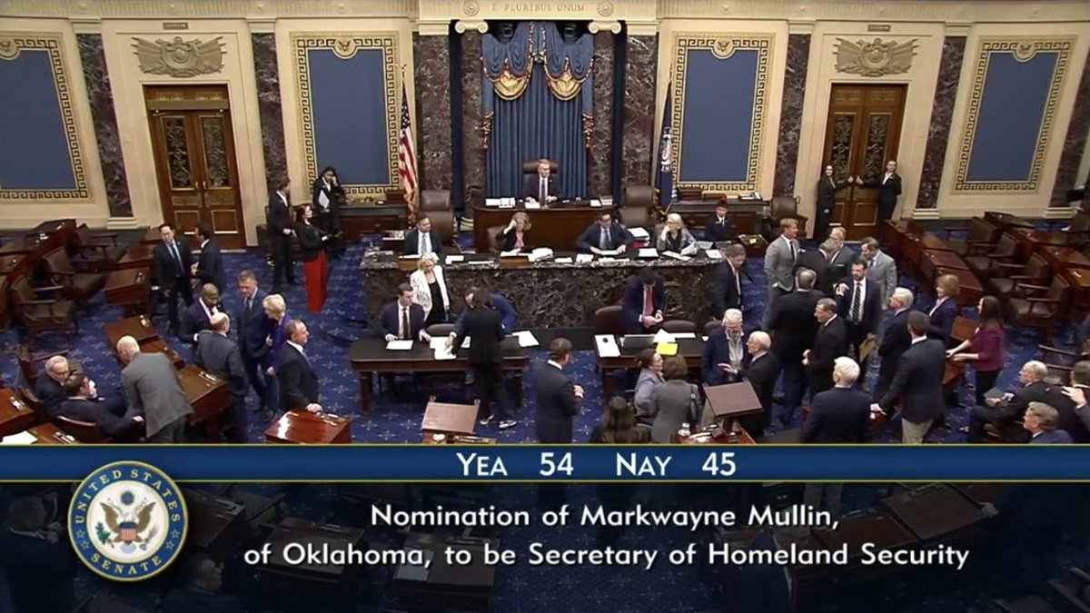 The U.S. Senate has voted 54-45 to confirm U.S. President Donald J. Trump's nominee to replace Kristi Noem as Secretary of Homeland Security, Oklahoma Republican Senator Markwayne Mullin