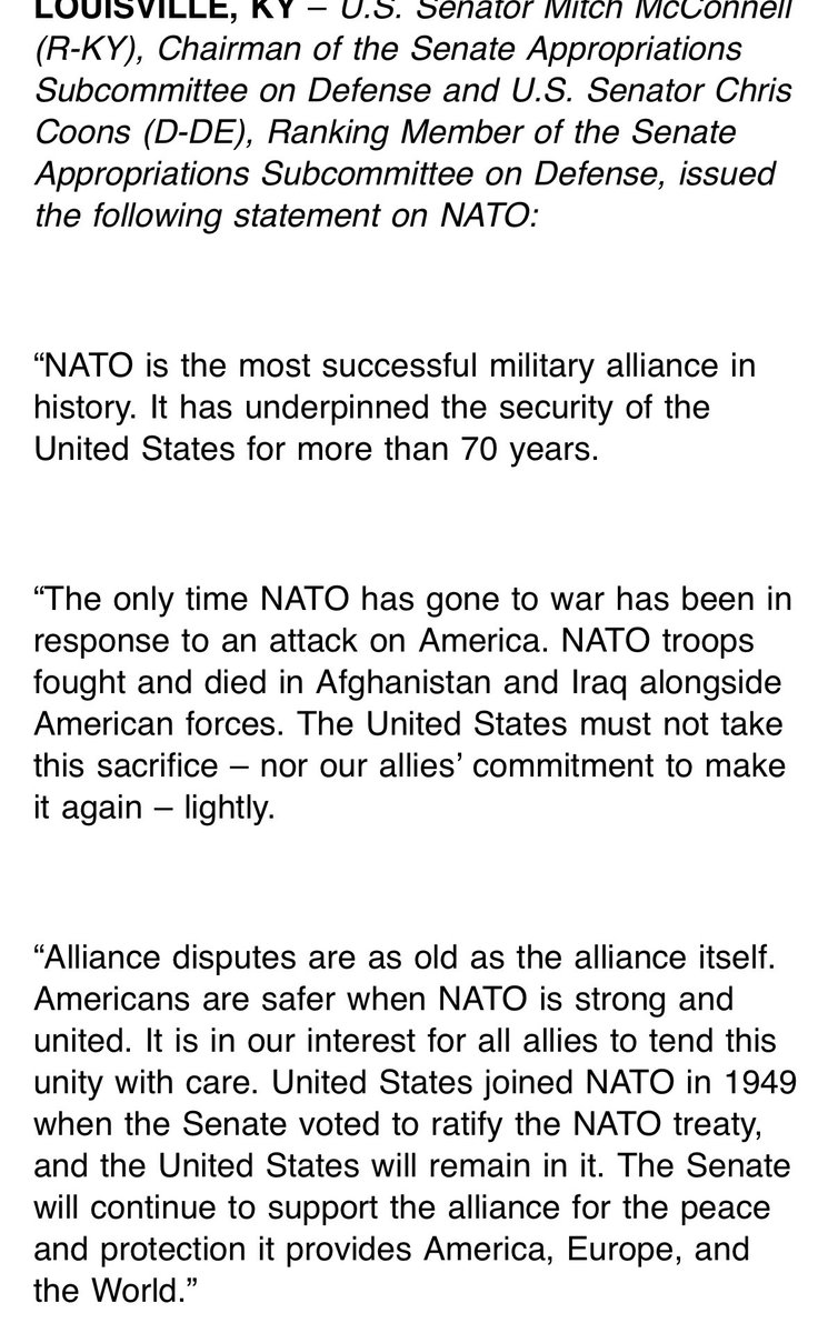 The United States will remain part of NATO no matter what Trump & administration officials say, per Sens. Mitch McConnell & Chris Coons