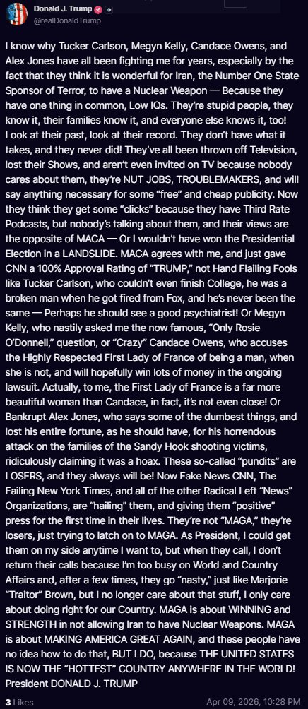 Trump posted a lengthy tweet attacking Tucker Carlson, Megyn Kelly, Candace Owens, and Alex Jones, calling them “low IQ” and “losers”