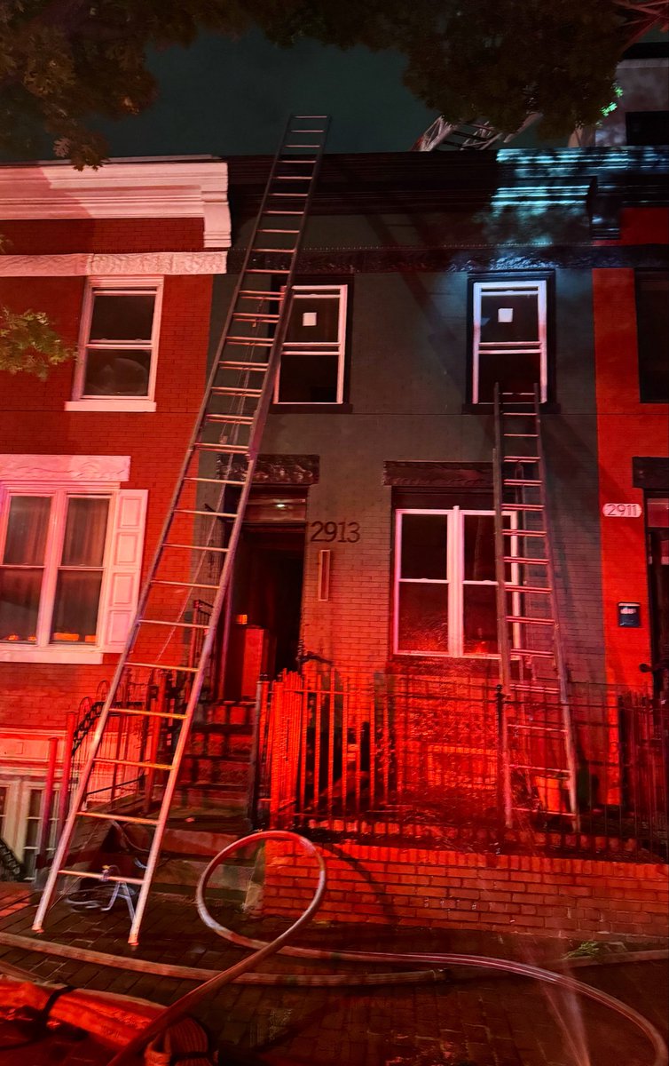 Box Alarm 2900 block Georgia Ave NW. Fire rear deck with minor extension inside a 2 story row dwelling. Fire knocked down. Investigators requested. No injuries. DC firefighters