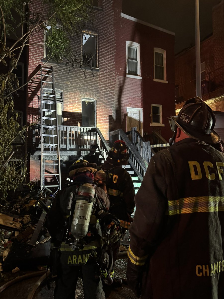 Box Alarm 2900 block Georgia Ave NW. Fire rear deck with minor extension inside a 2 story row dwelling. Fire knocked down. Investigators requested. No injuries. DC firefighters