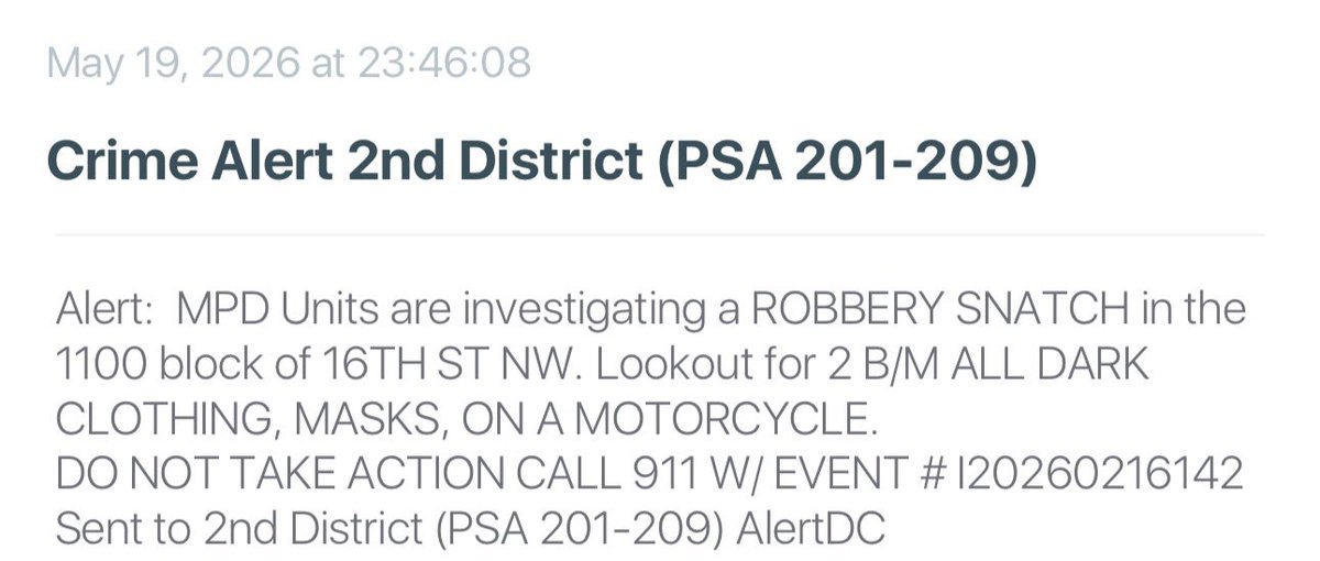 DC Police are investigating a second robbery (believed to be by the same suspects) at 1200 16th Street NW in downtown Washington DC. The two suspects are believed to be tied to several robberies throughout the district over the past 3 days.  