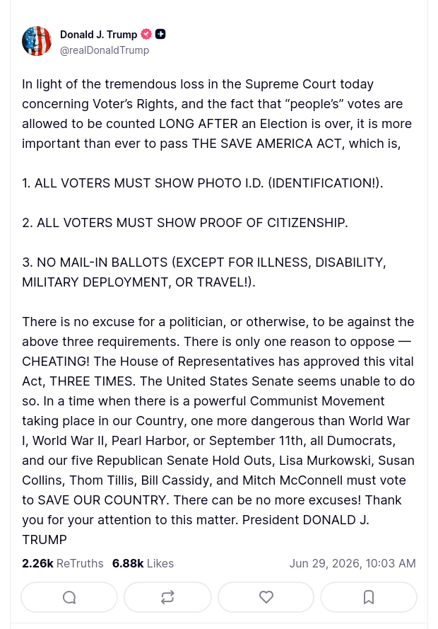 El presidente Donald J. Trump respondió hoy al fallo de la Corte Suprema de Estados Unidos sobre el voto por correo, calificando la decisión de tremendo revés en una publicación en Truth Social. El presidente también instó a los senadores republicanos disidentes a aprobar la Ley para Salvar a Estados Unidos en respuesta al fallo. La Corte dictaminó por 5 votos contra 4 que las papeletas de voto por correo con matasellos del día de las elecciones pueden contarse después de ese día si así lo permite la ley estatal.