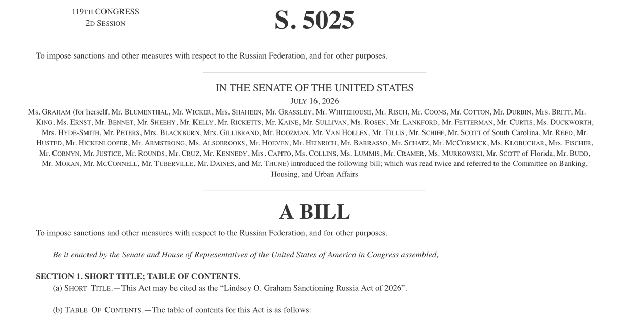 Republican Senator Bill Hagerty signs onto Sen. Lindsey Graham's Russia sanctions bill, bringing total co-sponsors to 62. Hagerty was added at the request of Ms. Graham, the late Senator's sister