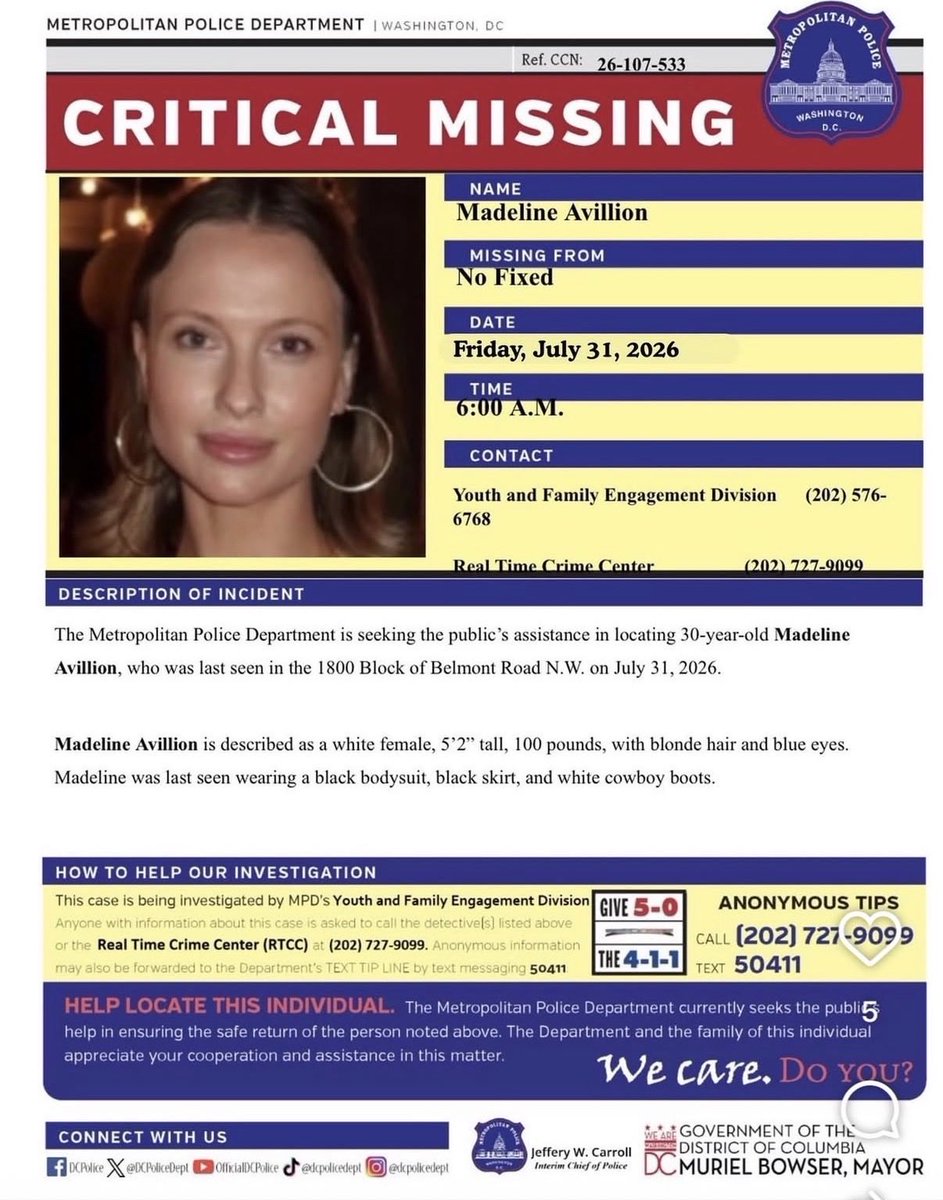 Sharing on behalf of concerned friends and family: 30 year-old Madeline Avillion ly disappeared on the 1800 block of Belmont Road NW in Adams Morgan/Washington DC on early Friday morning. No one has been able to reach her
