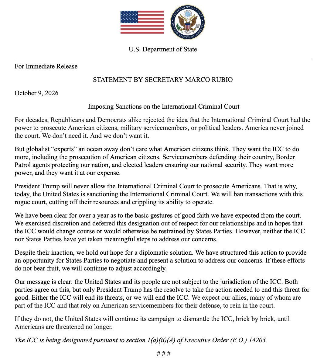 Rubio announces U.S. sanctions against the International Criminal Court, vowing to cut off its resources over its asserted jurisdiction over Americans. Either the ICC will end its threats, or we will end the ICC, Rubio says